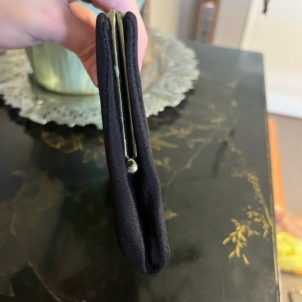 Vintage 70s Dainty Black Silk Clutch with Gold Hardware Classic 10